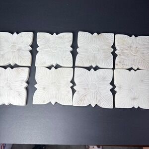 White Marble Flower Coasters Hand Carved Stone Decorative‎ Tabletop Set of 8 EUC